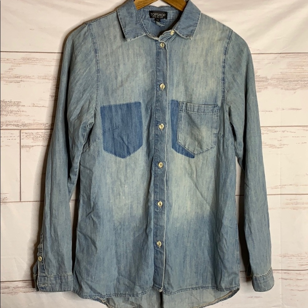 TOP SHOP DENIM LONG SLEEVE BUTTON DOWN FADED SHIRT